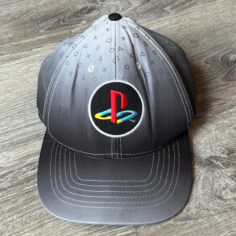 Vintage Sony PlayStation Snapback Hat Grey Black Gradient Button Symbols Cap